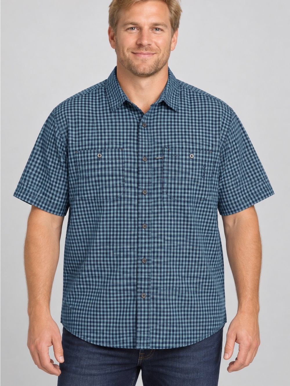 Men’s XL Short Sleeve Or is Blue Check Plaid Button-Up Shirt